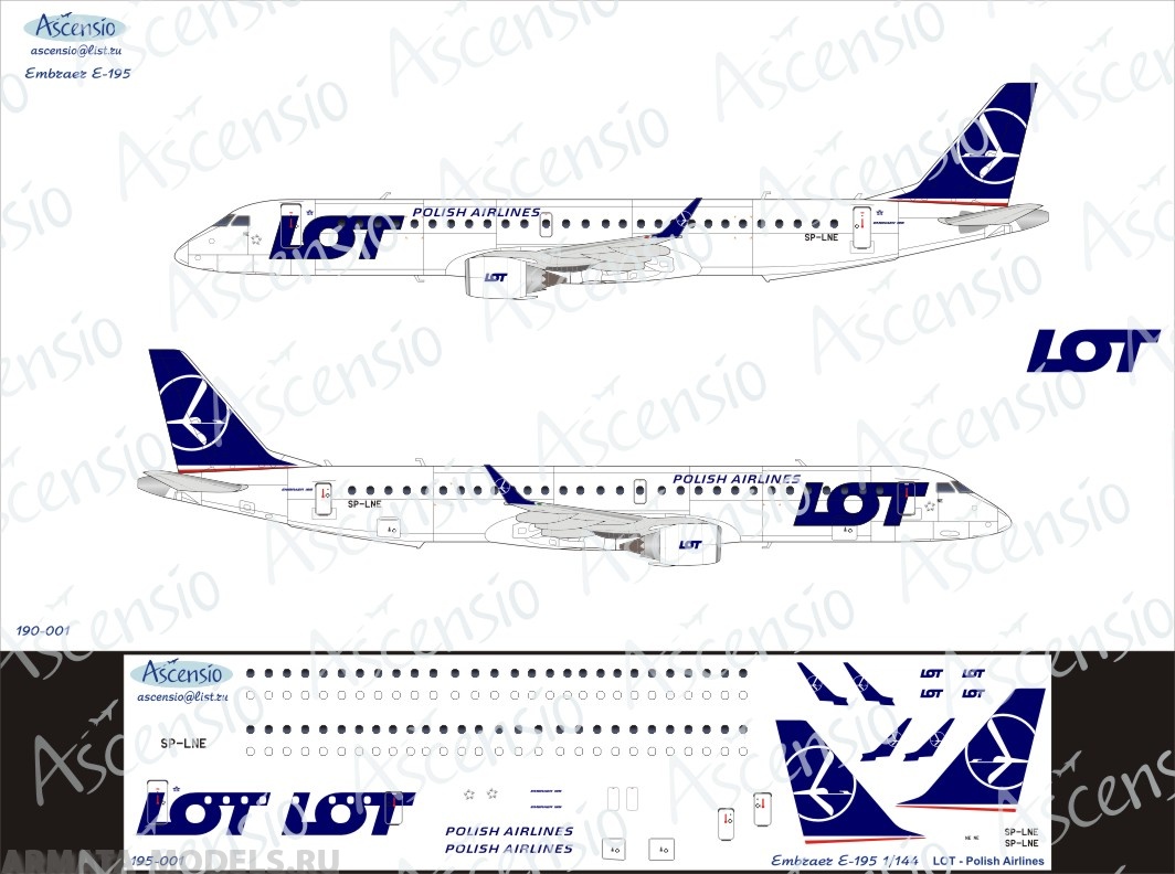 195-001 Декаль для самолета Embraer Embraer 195 LOT - Polish Airlines 1/144