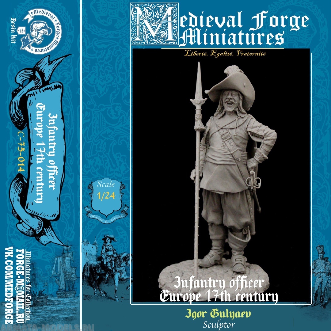 C-75-014 Фигура Офицер-Мушкетер Франция, 17 век 75мм Medieval Forge Miniatures