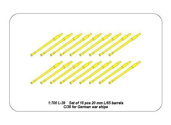 ABR-1:700-L-39  Дополнения для  Set of 18 pcs 20 mm L/65 C/38 gun barrels for German war ships универсальный набор 1/700