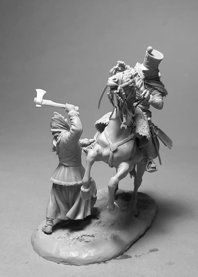 VD-54017(M) Отступление из России, 1812 г.: Французский гусар против русской крестьянки. 54 мм. Материал - белый металл. Chronos Miniatures