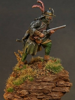 CHM-54075(M). Польский почтовый гусарской хоругви, 17 век. 54 мм. Материал - белый металл.