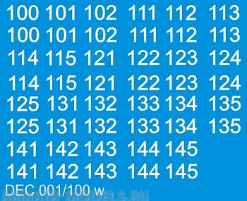 DEC001/100 Номера на немецкую технику масштаб 1/100 с 100 по 400. На ранний период ВоВ. Цвет – белый.